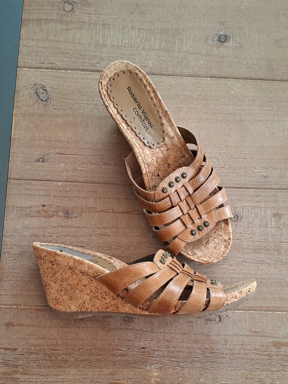 Roberto Vianni Y2K-esque Tan Leather Woven Cork Wedge Heels (Size US 7.5)